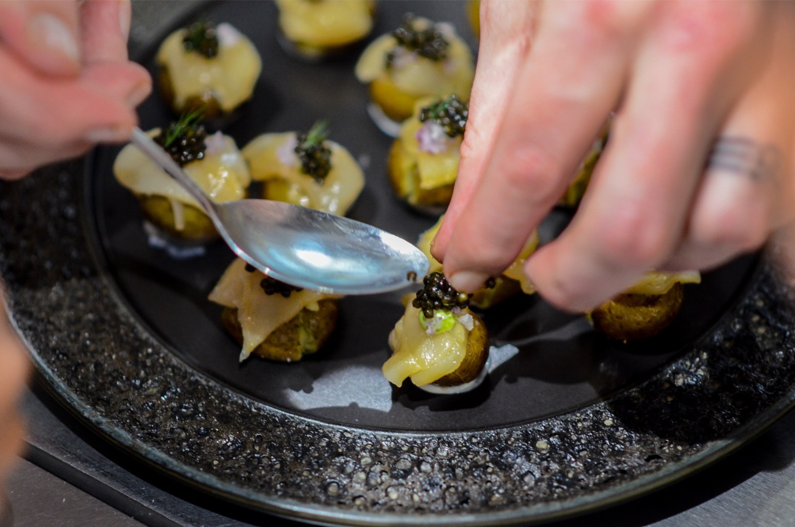 Potato canapes with caviar